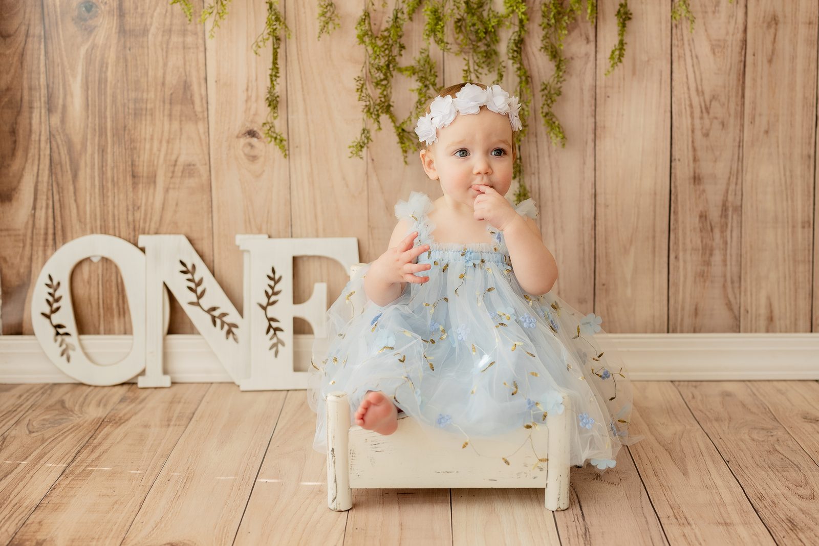 One-year-old in blue tulle dress with ONE letters